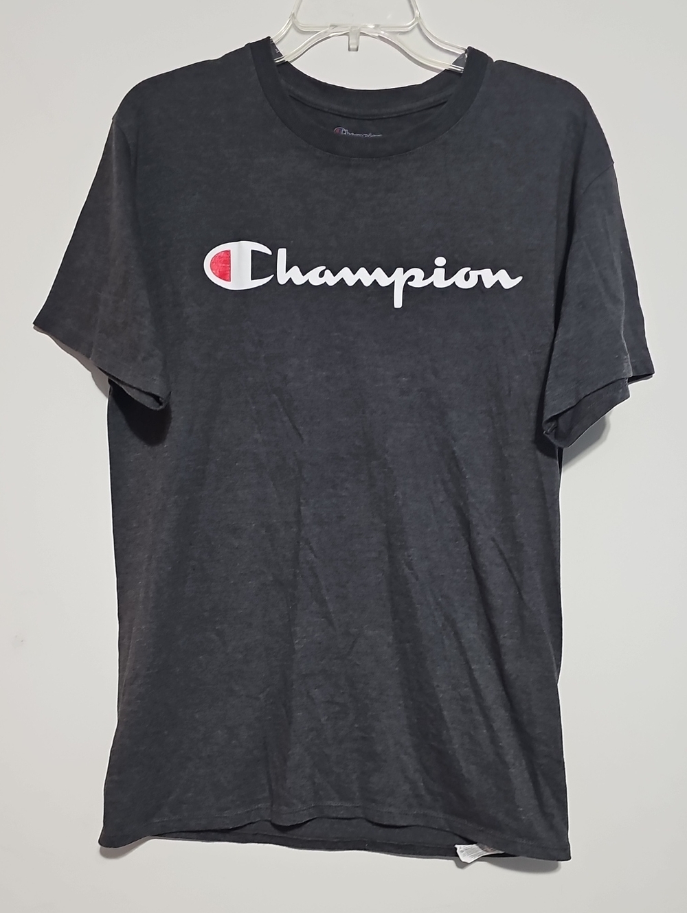Champion Charcoal Short Sleeve Tee with White Script and Red Emblem Mens Sz M